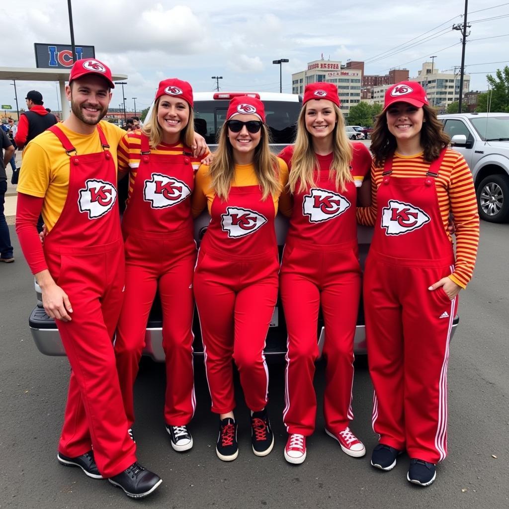 Fans sporting KC Chiefs overalls at a tailgate party