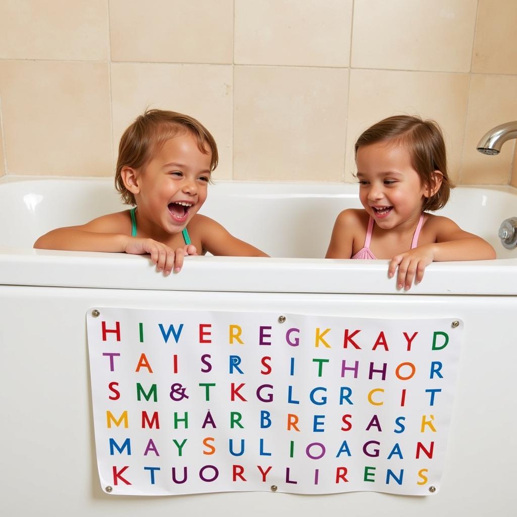 Kids giggling while completing a bath time word search