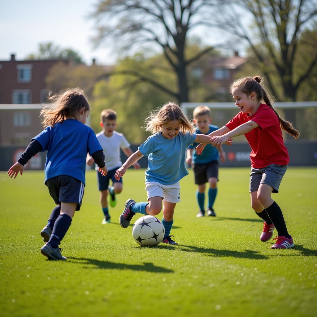 Young athletes participating in a mini football game during halftime