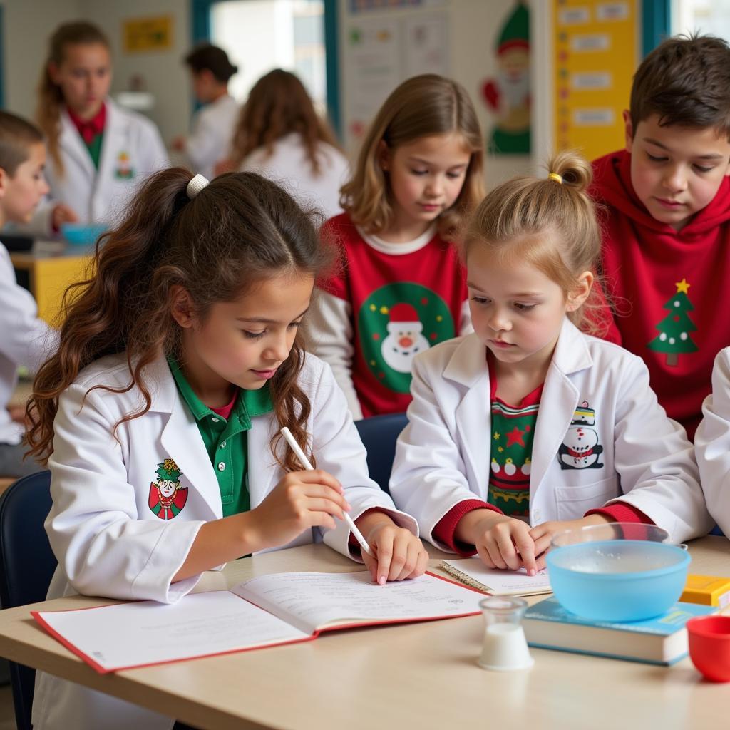 Kids Wearing Christmas Lab Coats for a Science Project