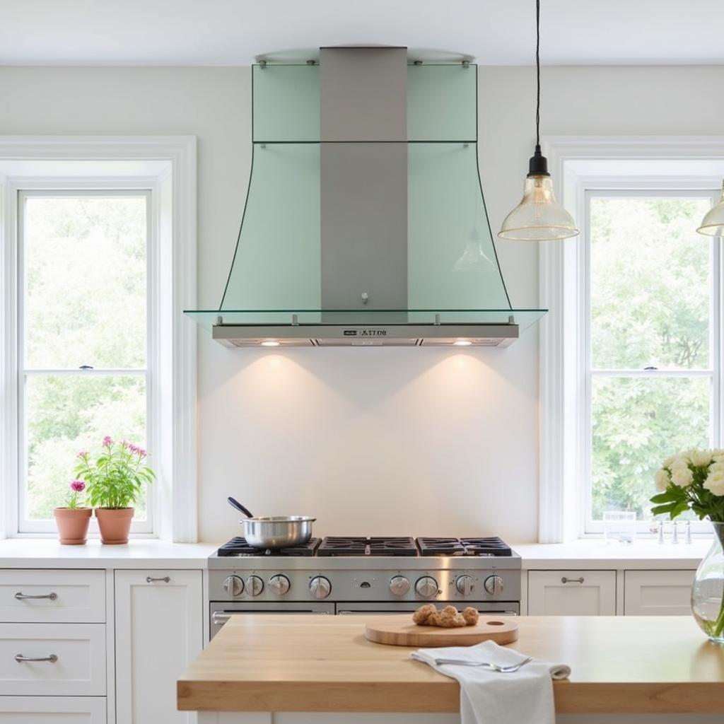 modern kitchen with a glass canopy hood between windows