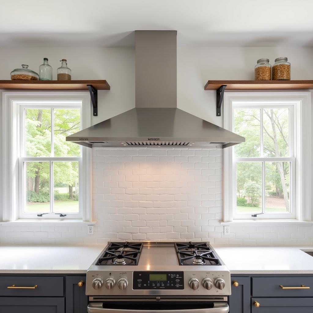 kitchen with a hood between windows and open shelving