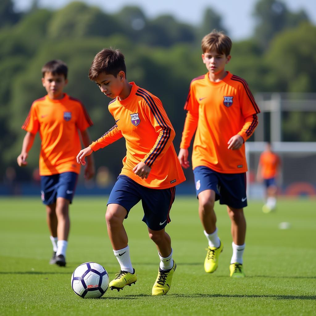 La Masia academy students training on the field