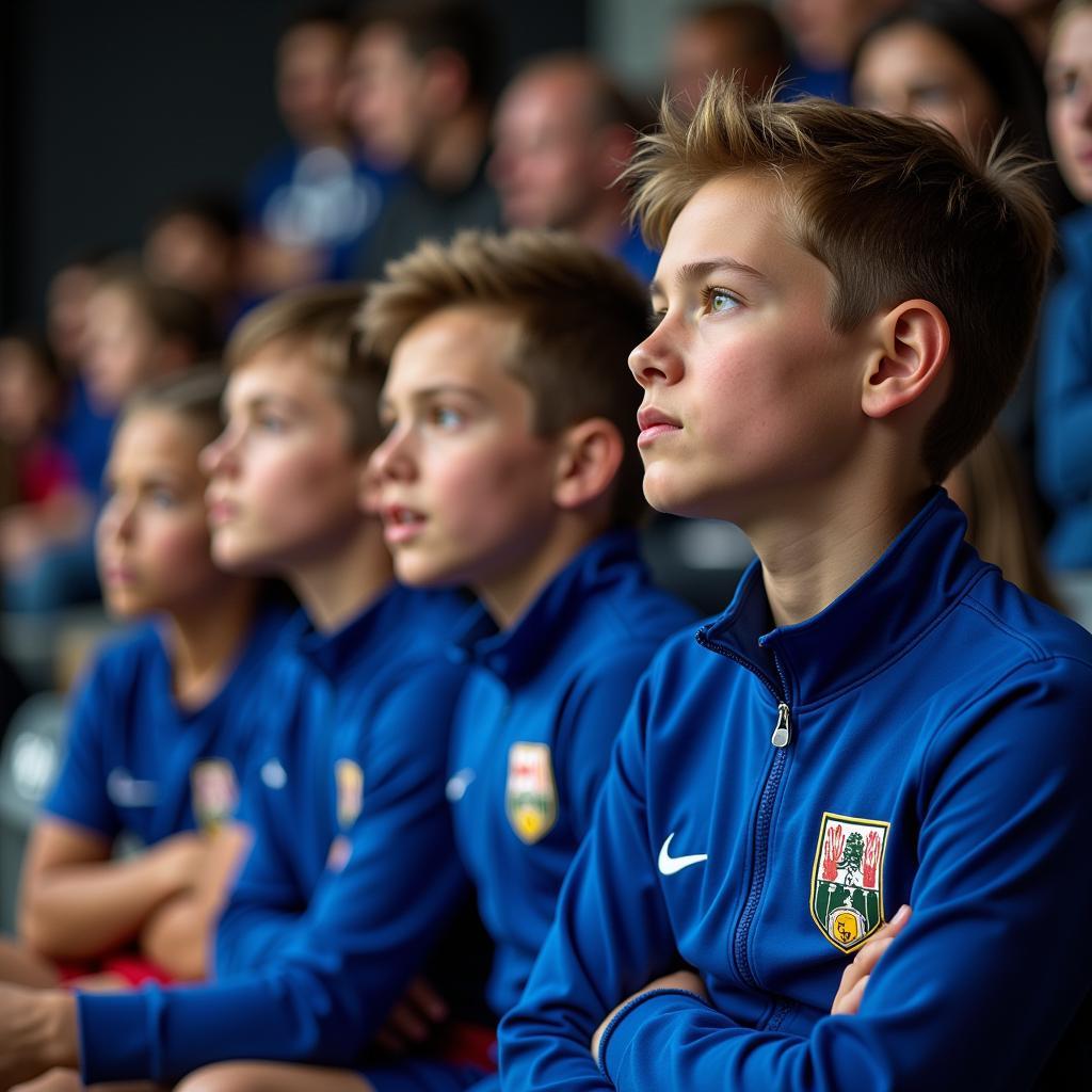 La Masia Academy youth players eagerly watching a match from the bench.