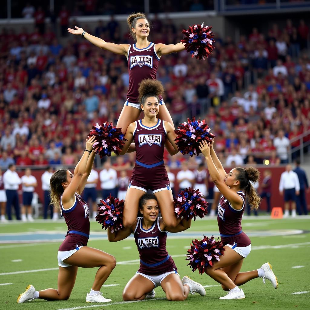 La Tech cheerleaders performing a pyramid formation on the field