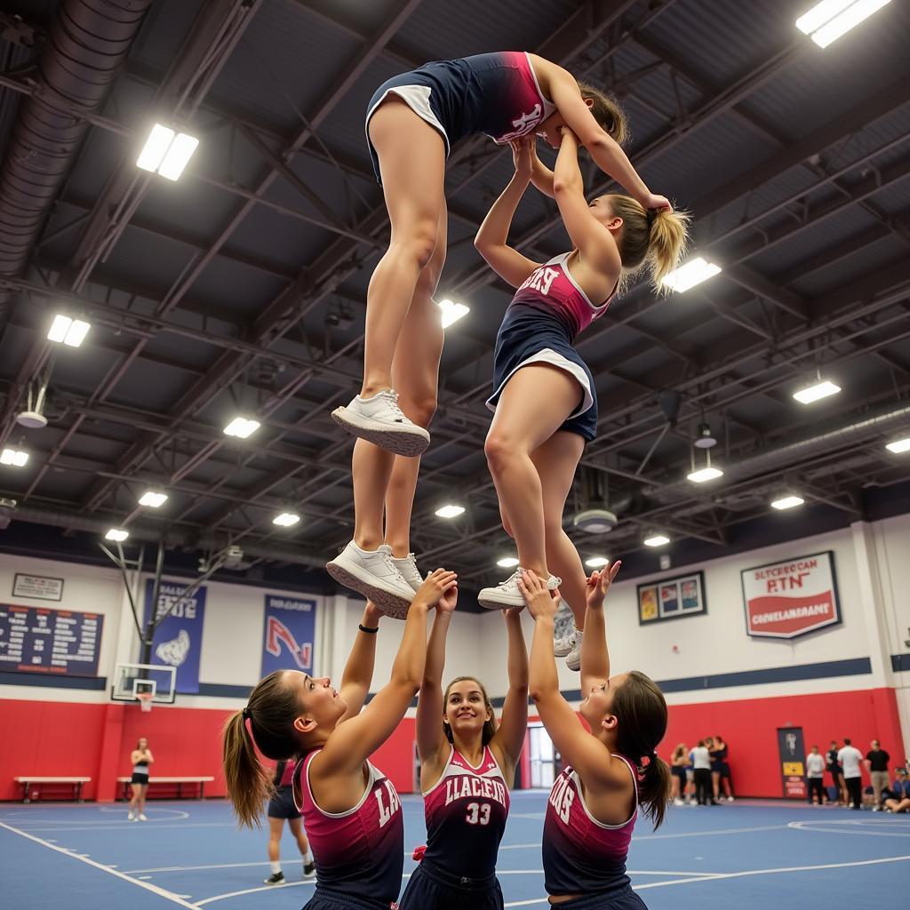 La Tech cheerleaders practicing a stunt sequence in the gym