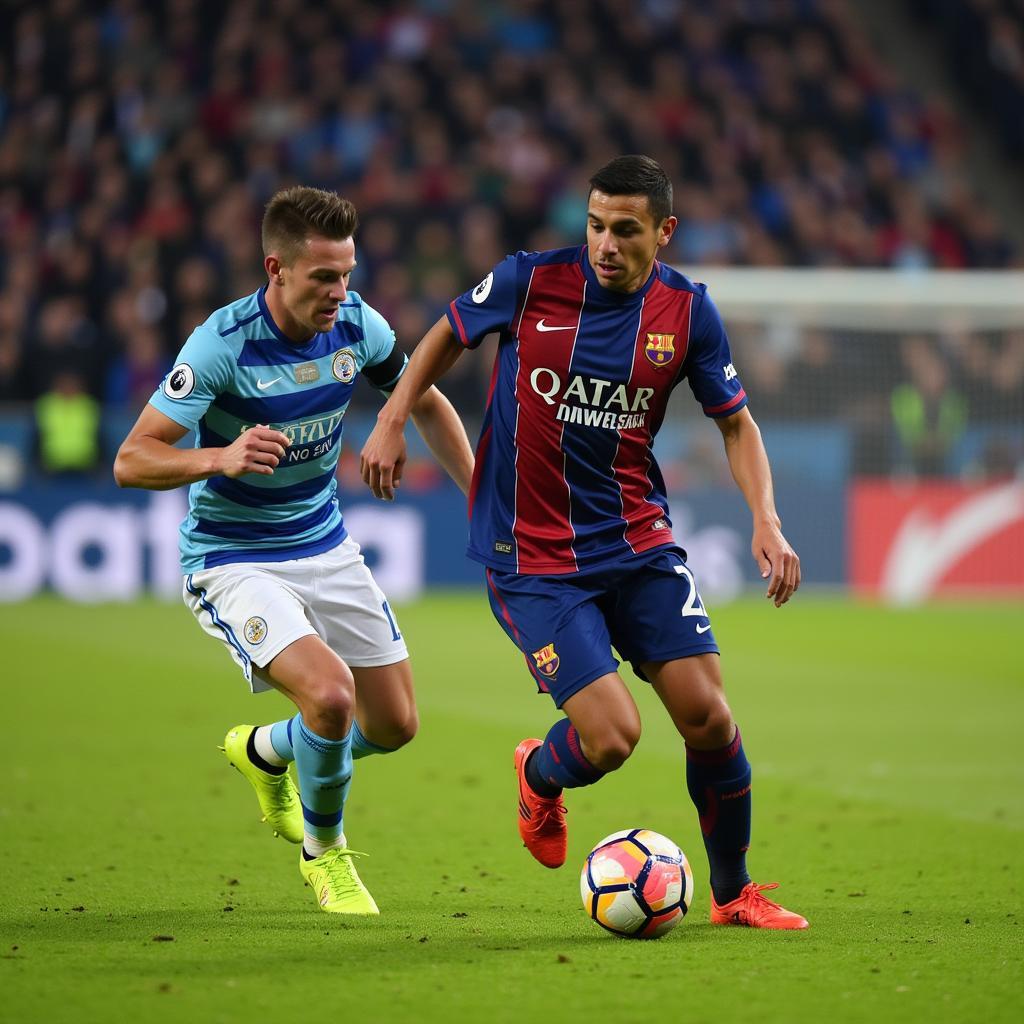 Yamal showcasing his dribbling skills, effortlessly maneuvering past an opponent