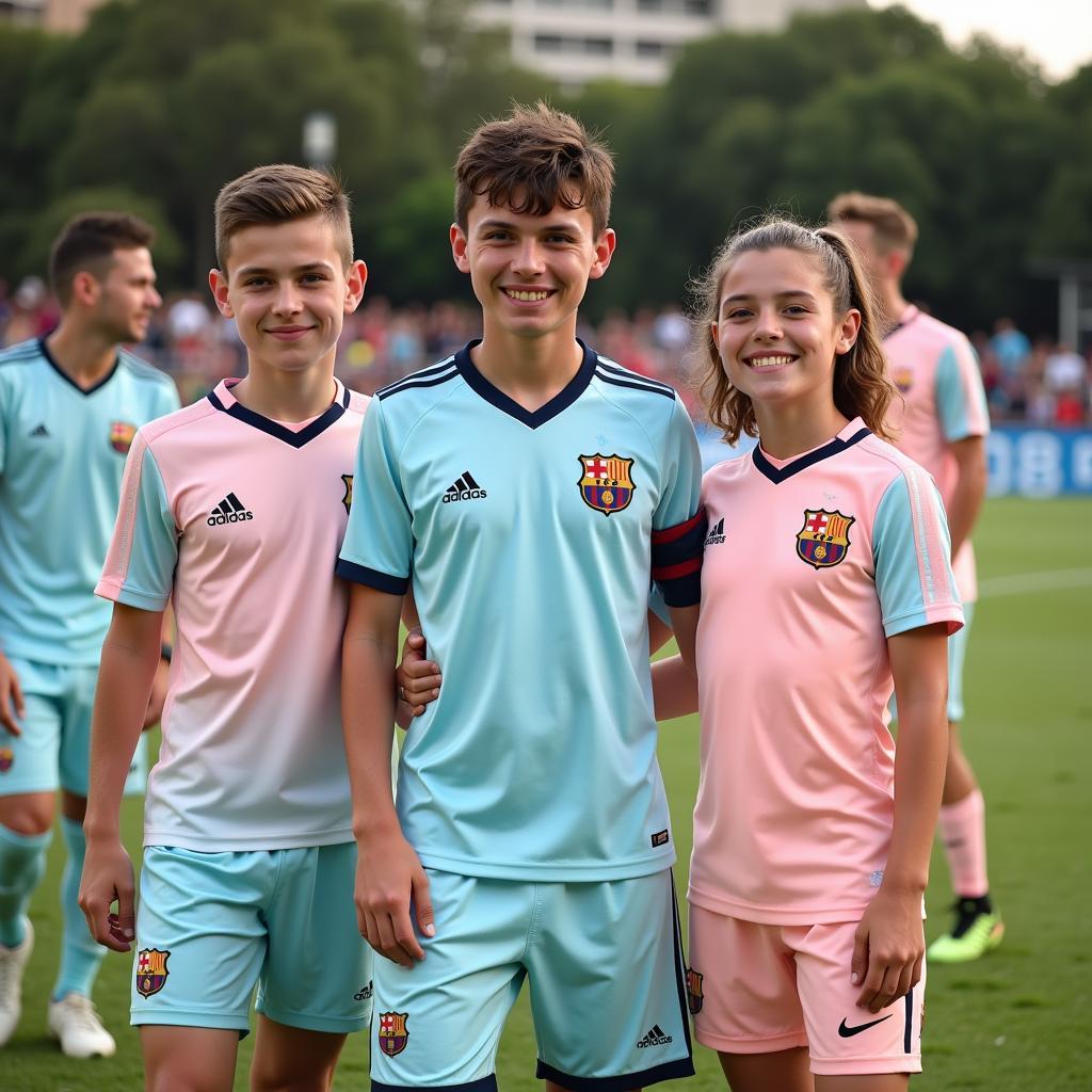 Young football players wearing a pastel-colored kit.