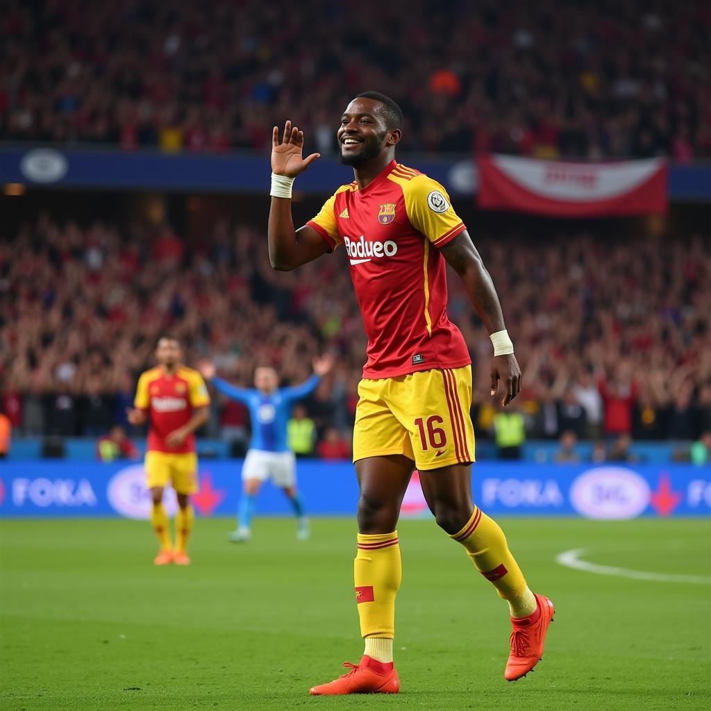 Lamine Yamal celebrating a goal with a signature clown rose gesture, symbolizing the joy and flair of his playing style.