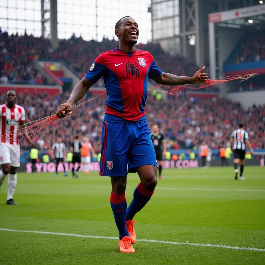 Lamine Yamal performing his signature signed Spiderman celebration after scoring a goal.