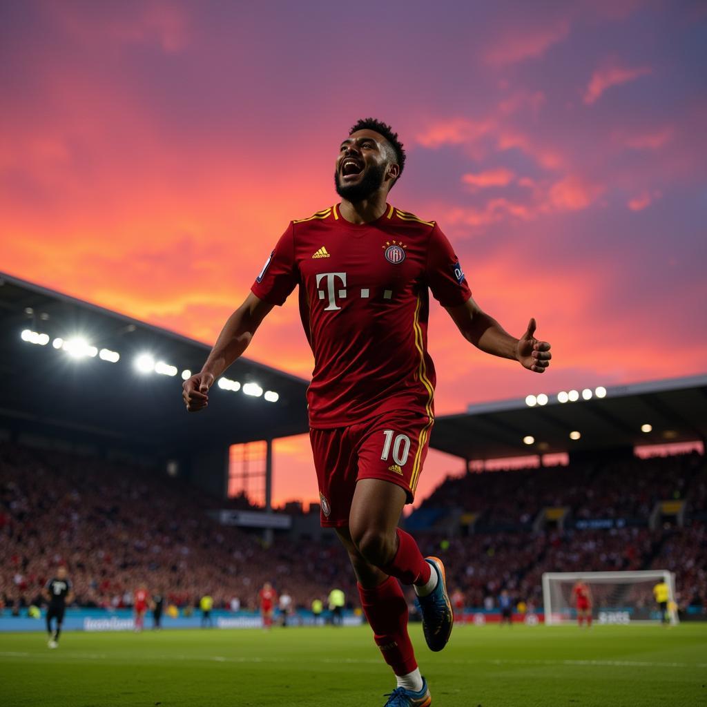 Lamine Yamal Celebrates a Goal as the Sun Sets