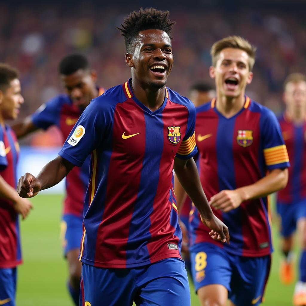 Lamine Yamal celebrates a goal while playing for Barcelona's youth academy