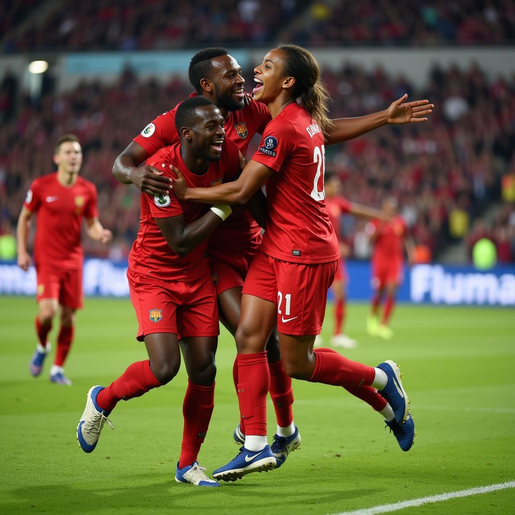 Lamine Yamal celebrates a crucial goal with his teammates