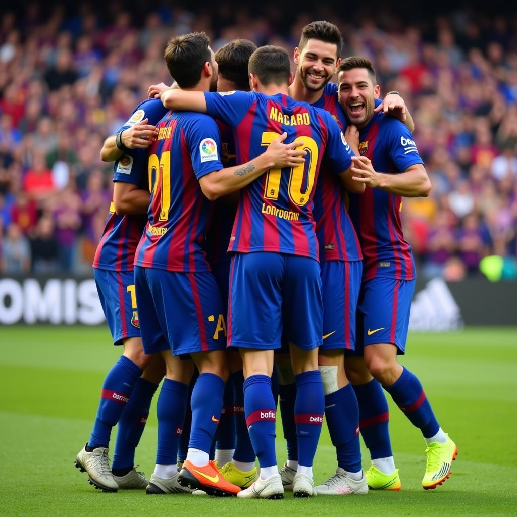 Lamine Yamal celebrating a goal with his Barcelona teammates