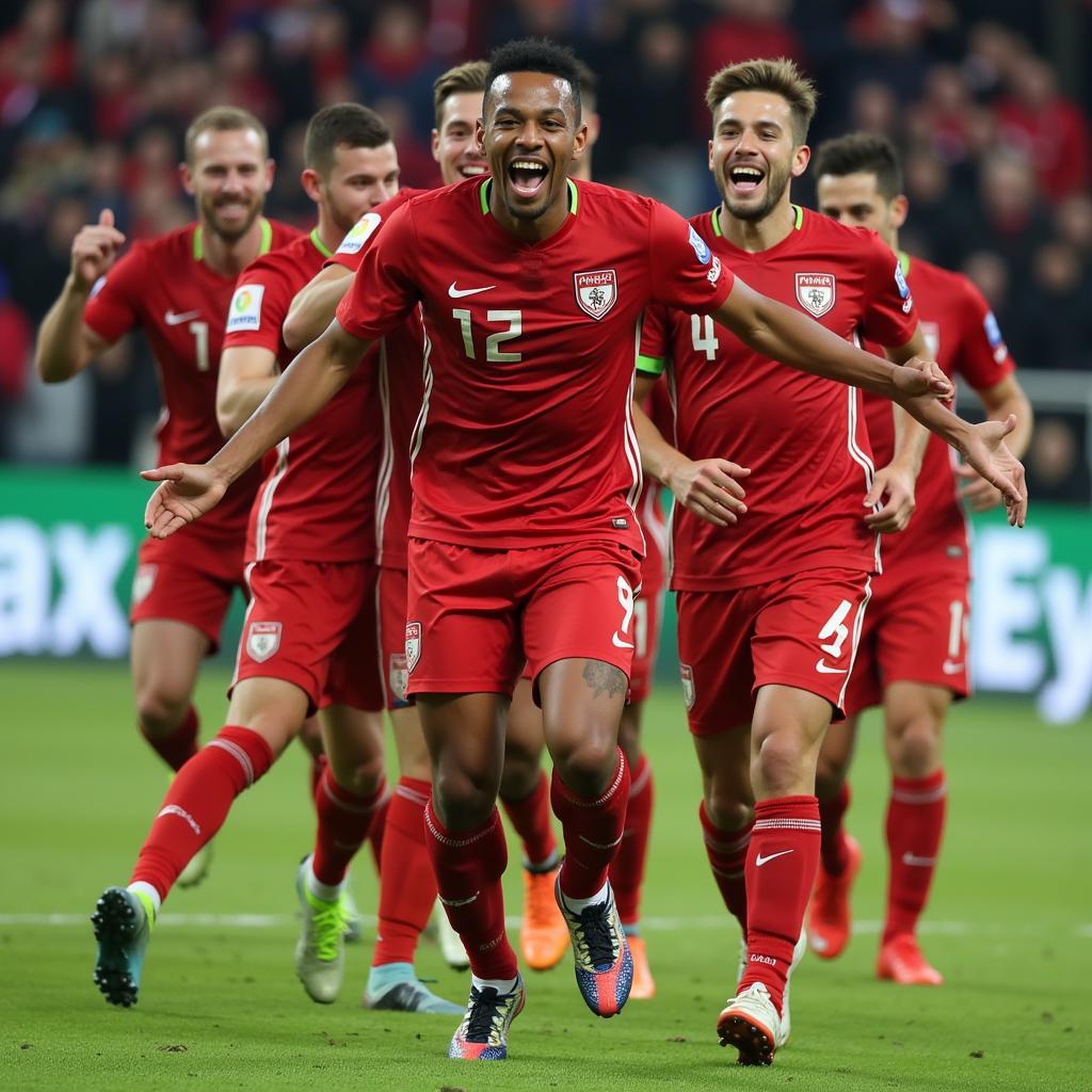 Lamine Yamal celebrating a goal with his teammates, showcasing his passion and joy for the game.