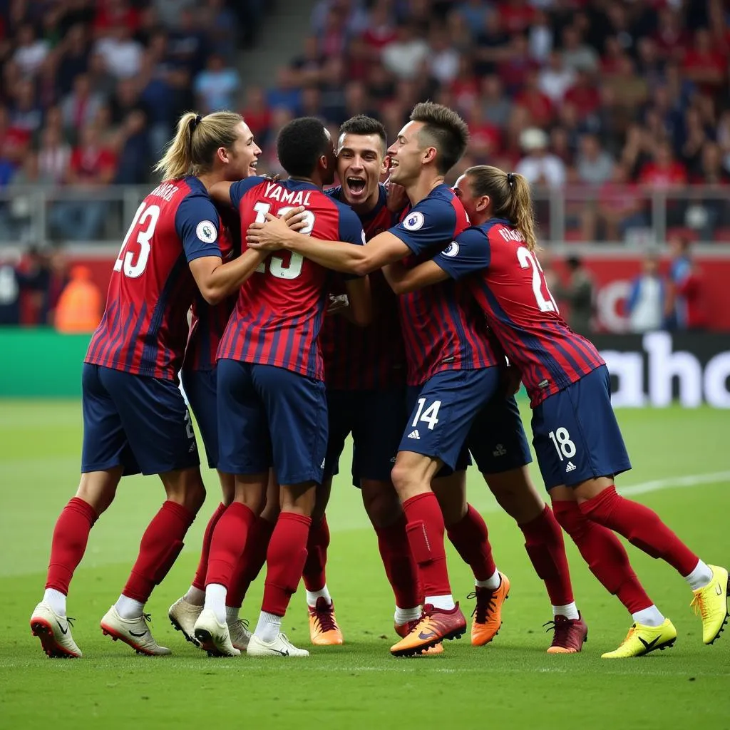 Lamine Yamal celebrates a goal with his teammates