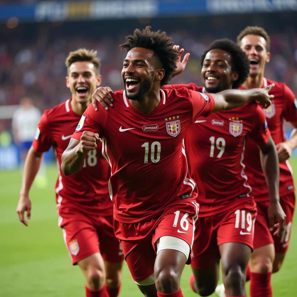 Lamine Yamal celebrates a crucial goal alongside his teammates