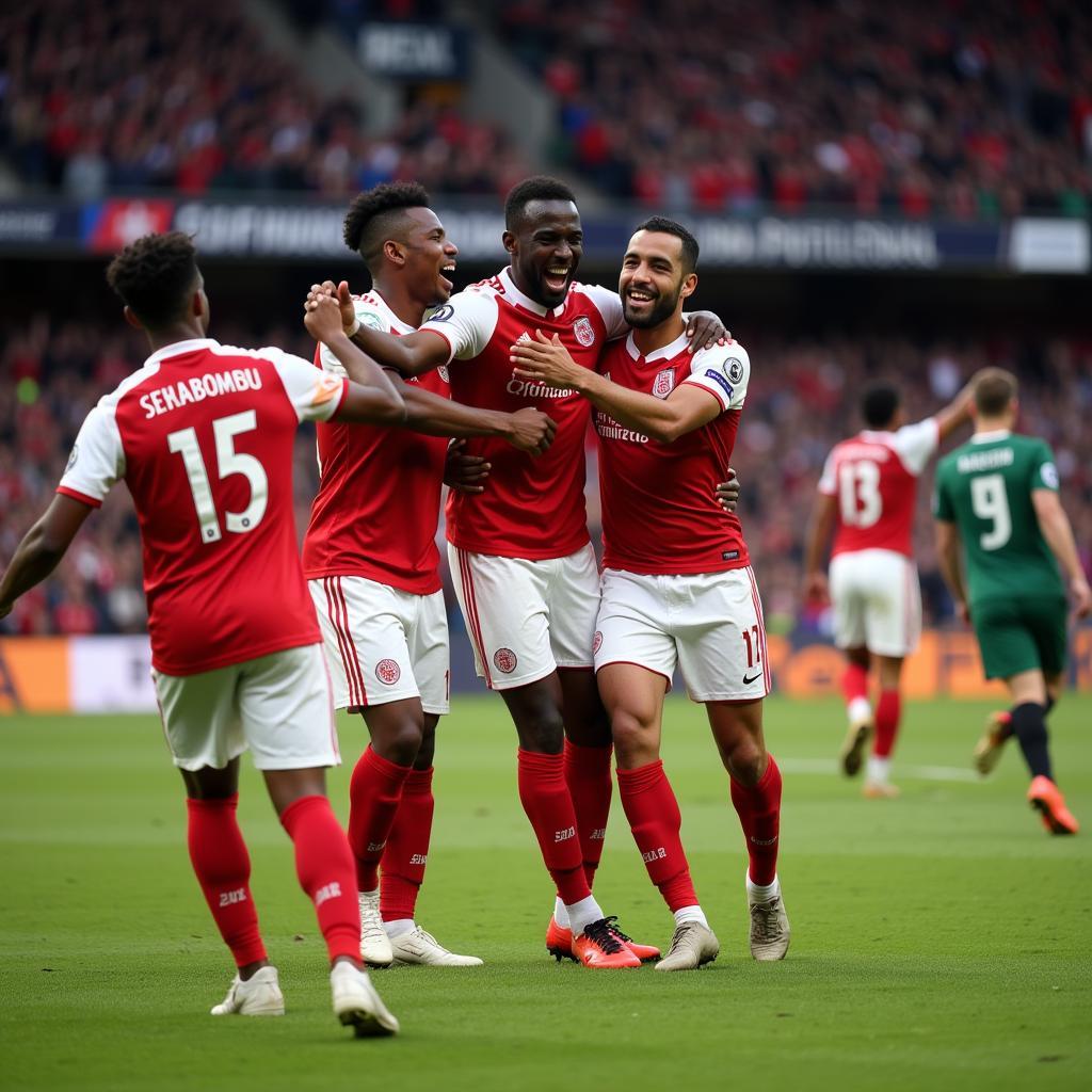 Lamine Yamal celebrates a goal with his teammates, highlighting his team spirit and contribution to the team's success.