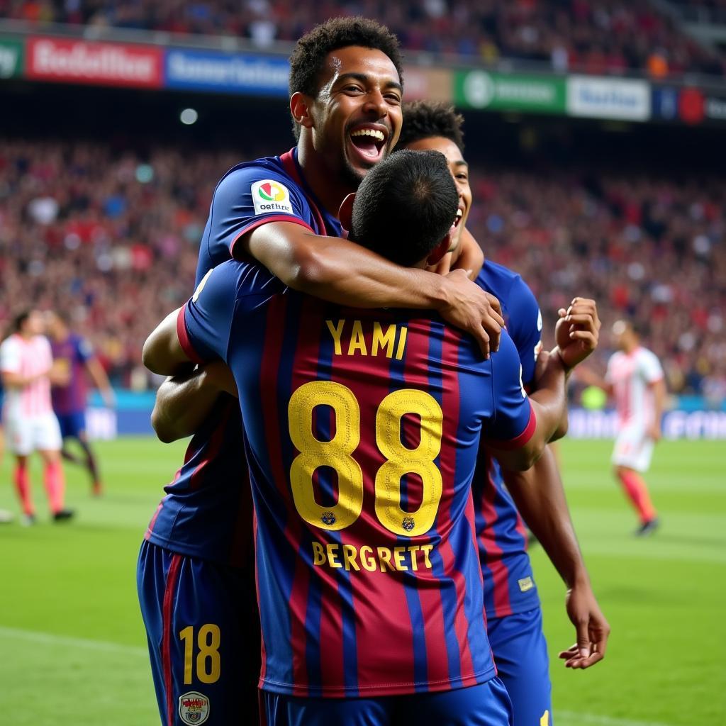 Lamine Yamal celebrates a goal for Barcelona