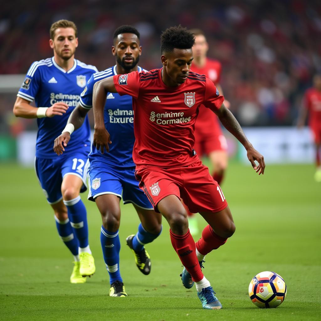 Lamine Yamal dribbling past defenders.