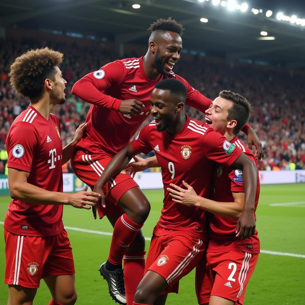 Lamine Yamal celebrating a goal with his teammates.