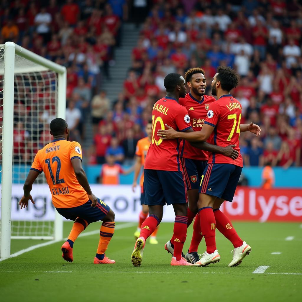 Lamine Yamal celebrating a goal with his teammates