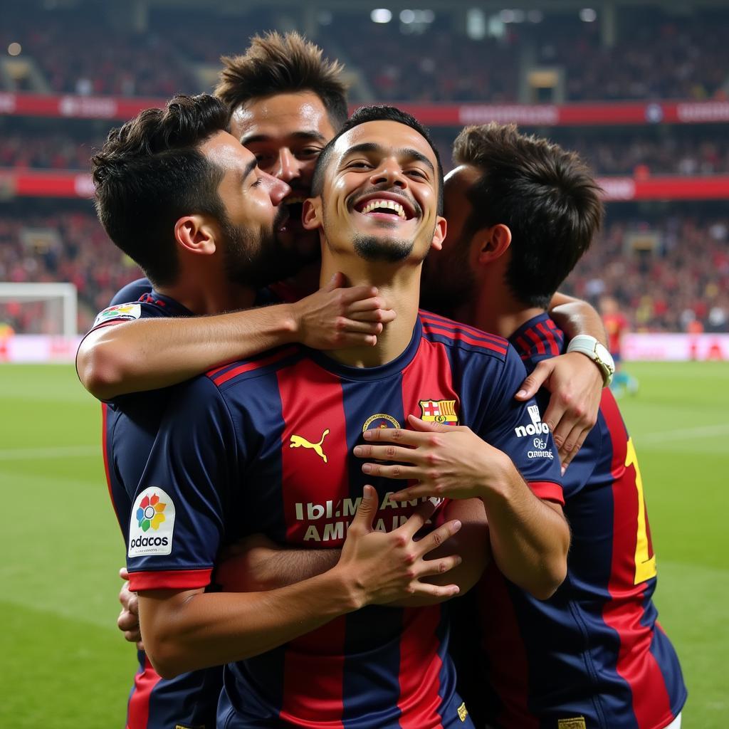 Lamine Yamal celebrates scoring a goal with teammates