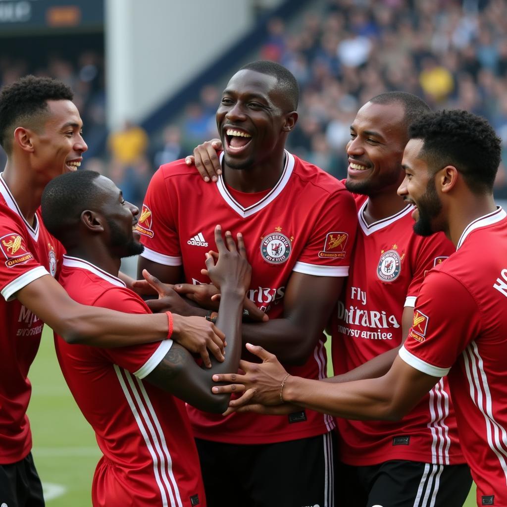 Lamine Yamal celebrating a victory with his team, highlighting his leadership and teamwork qualities.