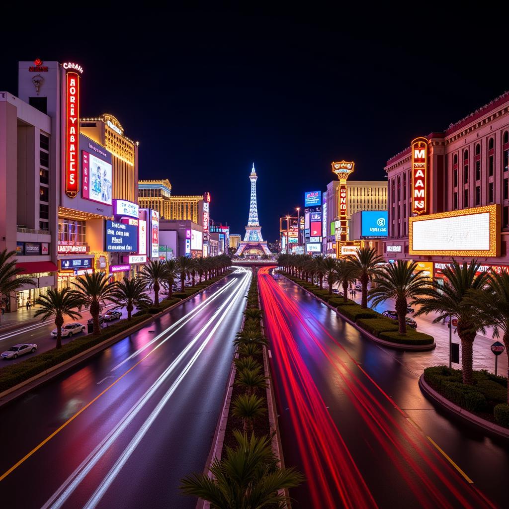 The dazzling lights of the Las Vegas Strip illuminate the night sky, showcasing the vibrant marquees of renowned shows.