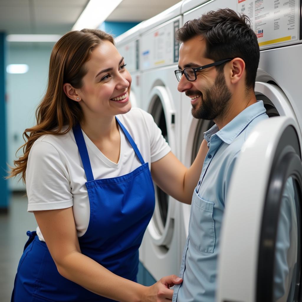 Friendly Laundry Attendant Assisting Customer 