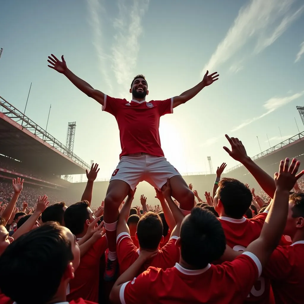 A legendary player, held aloft by jubilant fans, celebrating a hard-fought victory. 