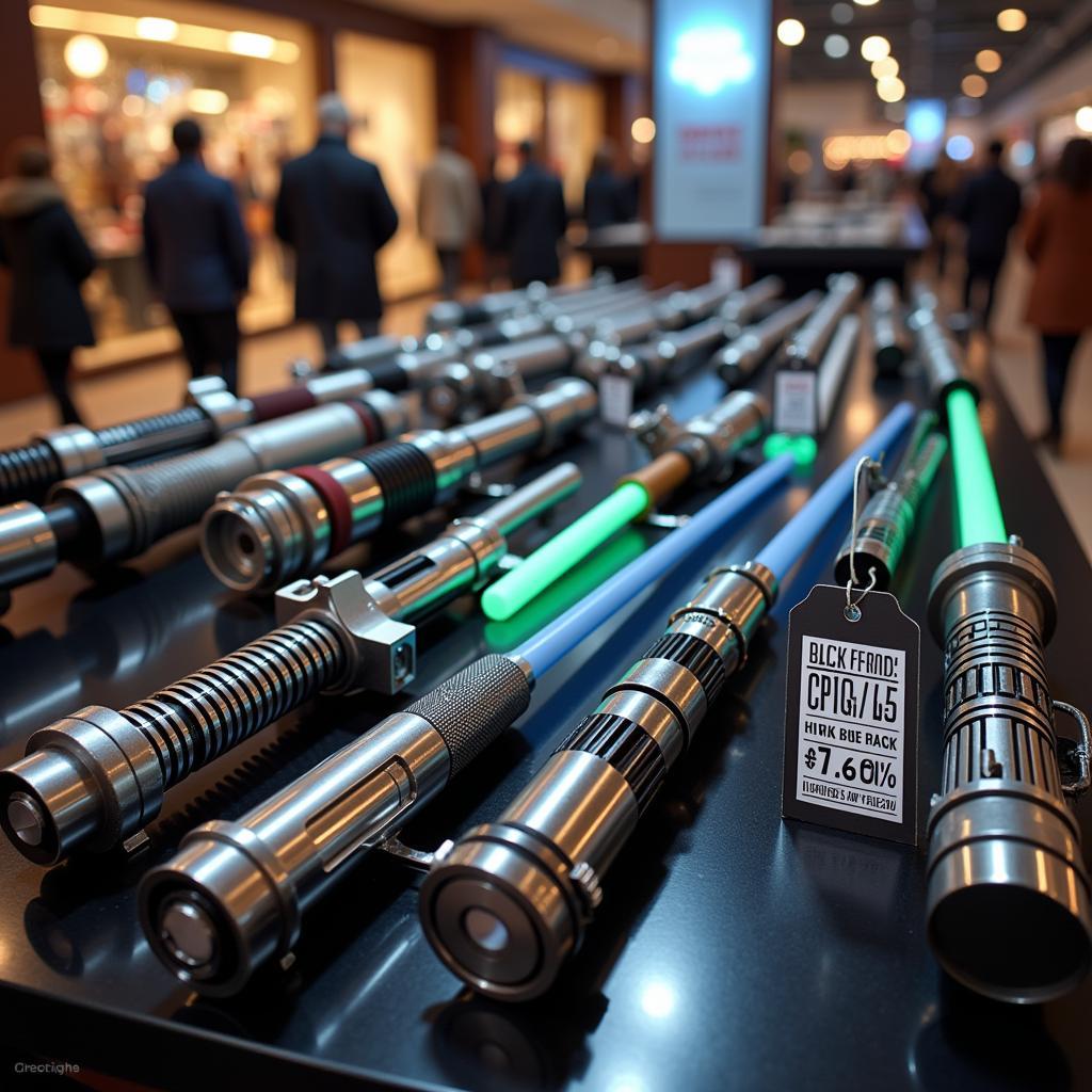 Lightsaber Black Friday Deals - A variety of lightsabers on display with Black Friday sale tags.