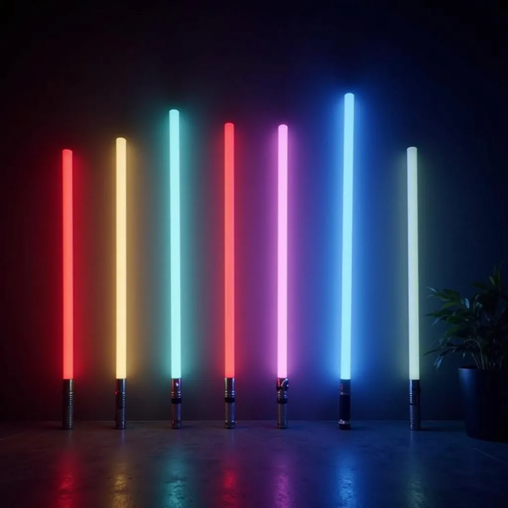 Lightsabers of various colors igniting in the dark