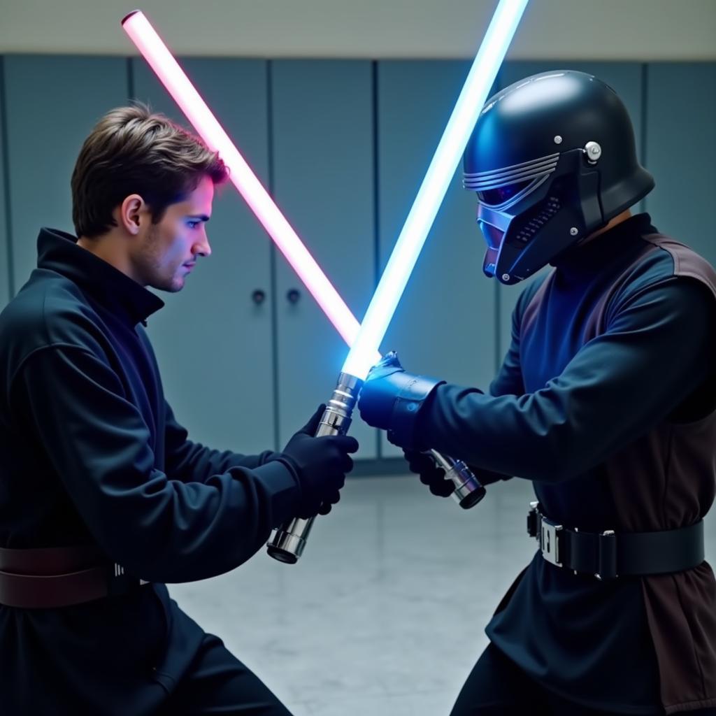 Practicing Lightsaber Dueling - Two individuals engaged in a lightsaber duel.