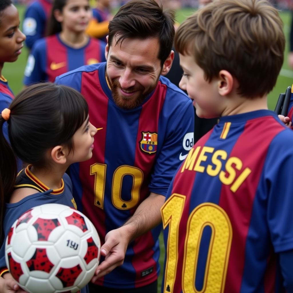 Lionel Messi signing a football for a fan