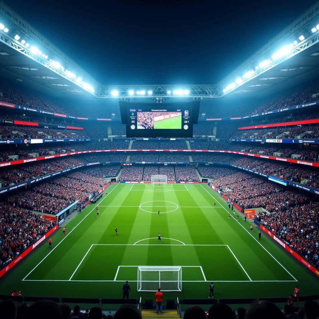 Live football score display at a packed stadium