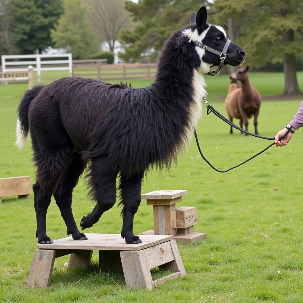 Llama navigating an obstacle course