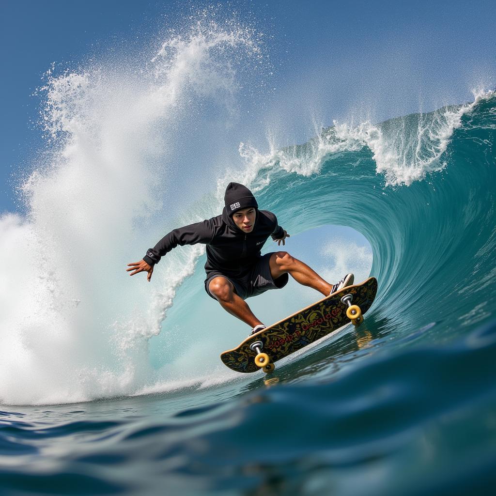 Action shot of a skateboarder carving on a Loaded board