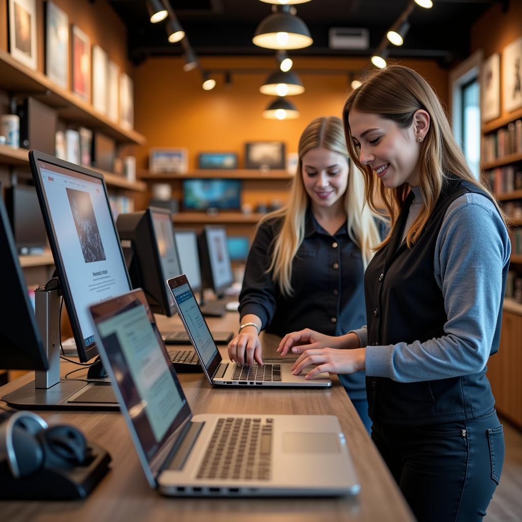 Friendly staff assisting a customer at a local electronics shop