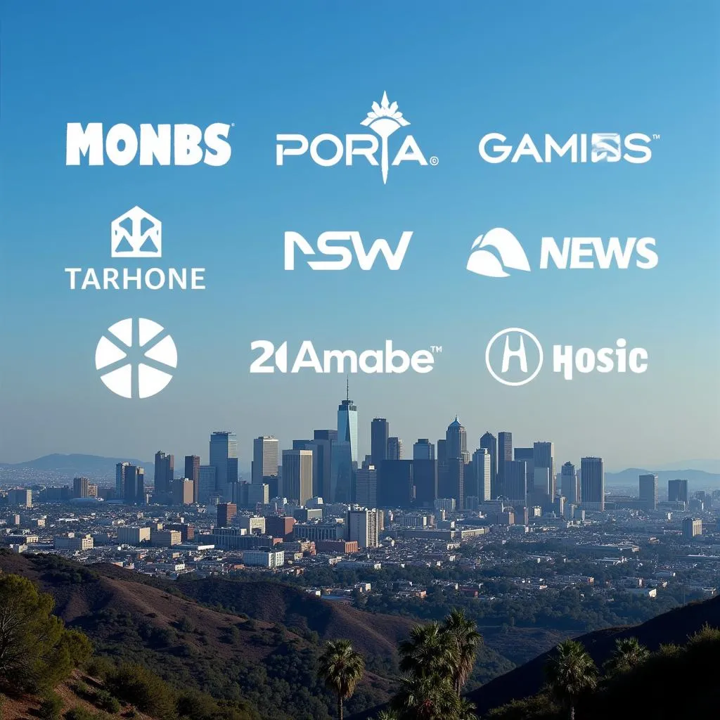 Los Angeles skyline with gaming studio logos superimposed