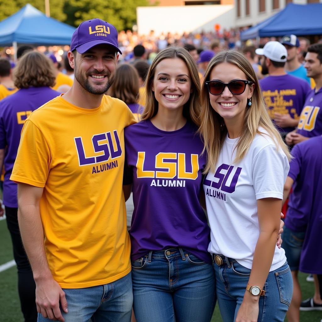 LSU alumni sporting various t-shirts at a lively game day gathering