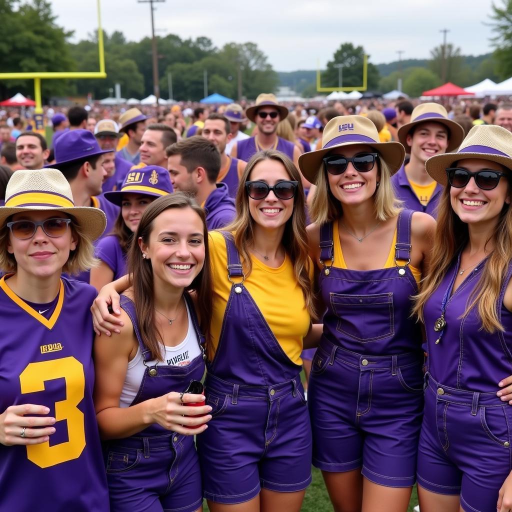 LSU football fans sporting overalls at a tailgate party