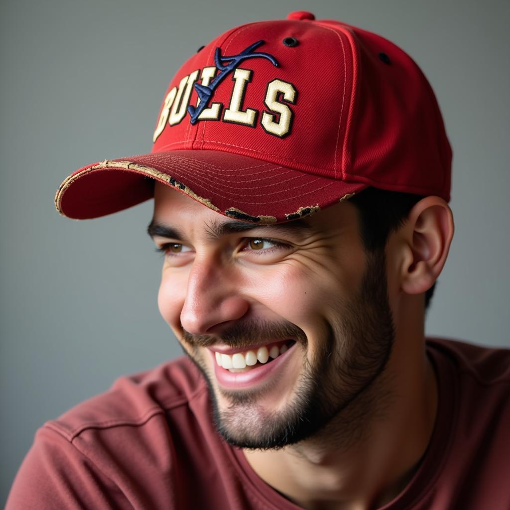 A man wearing a vintage Chicago Bulls hat.