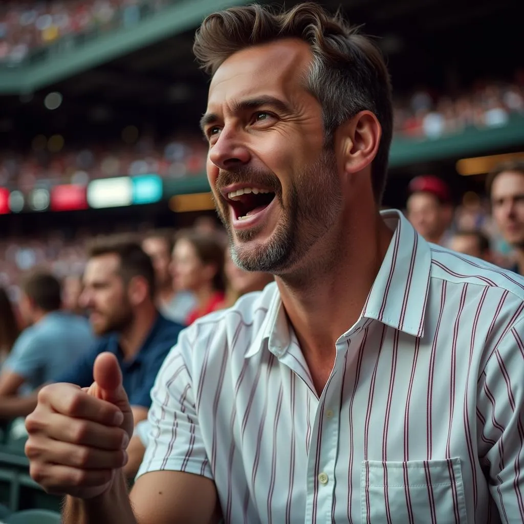 Man wearing a sandlot button down shirt while watching a baseball game