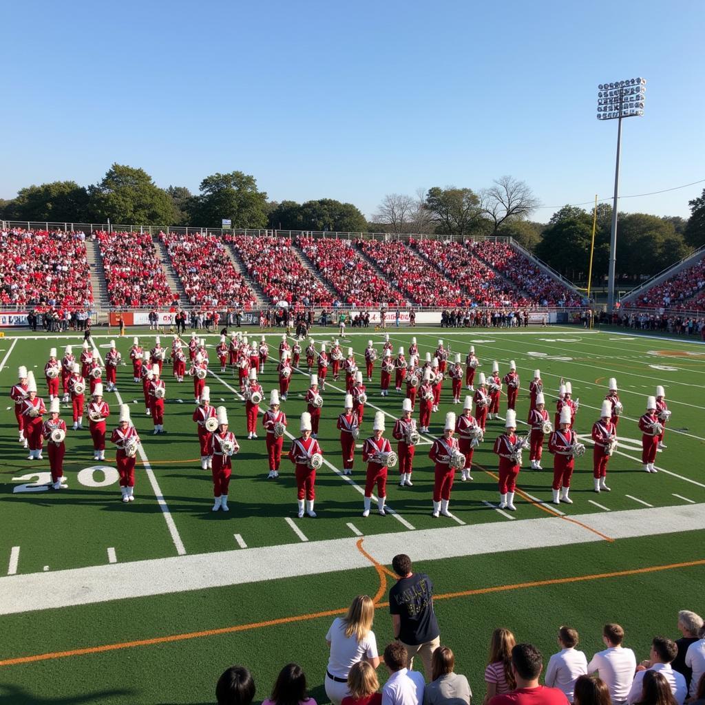 A marching band performing intricate formations during halftime