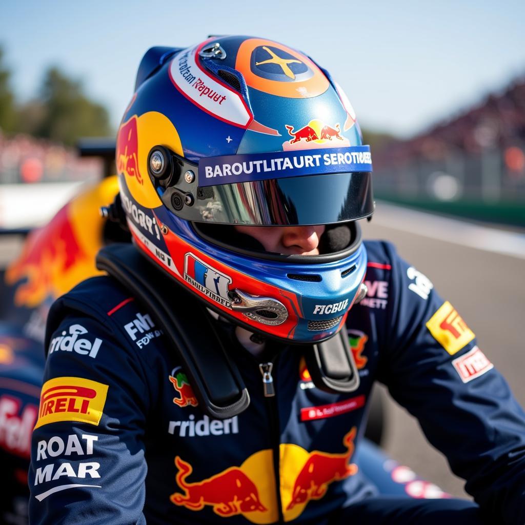 Max Verstappen wearing his new helmet during a race