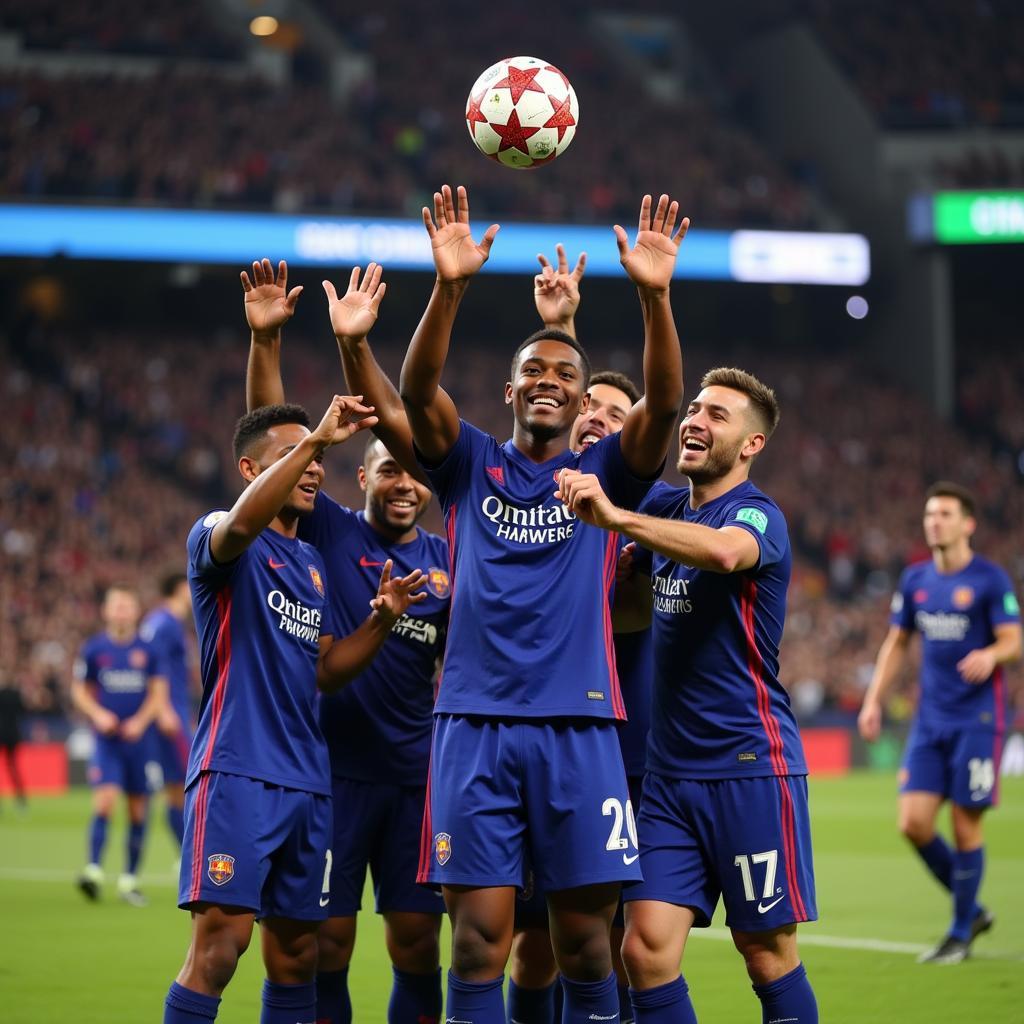 Kylian Mbappe celebrating a goal in a Champions League match, holding the official match ball