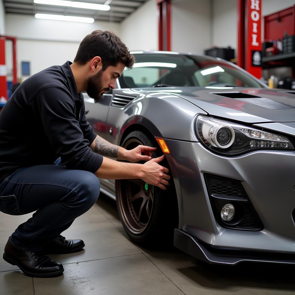 A mechanic carefully installs a widebody fender from a Rocket Bunny kit onto a Toyota 86 in a professional workshop.