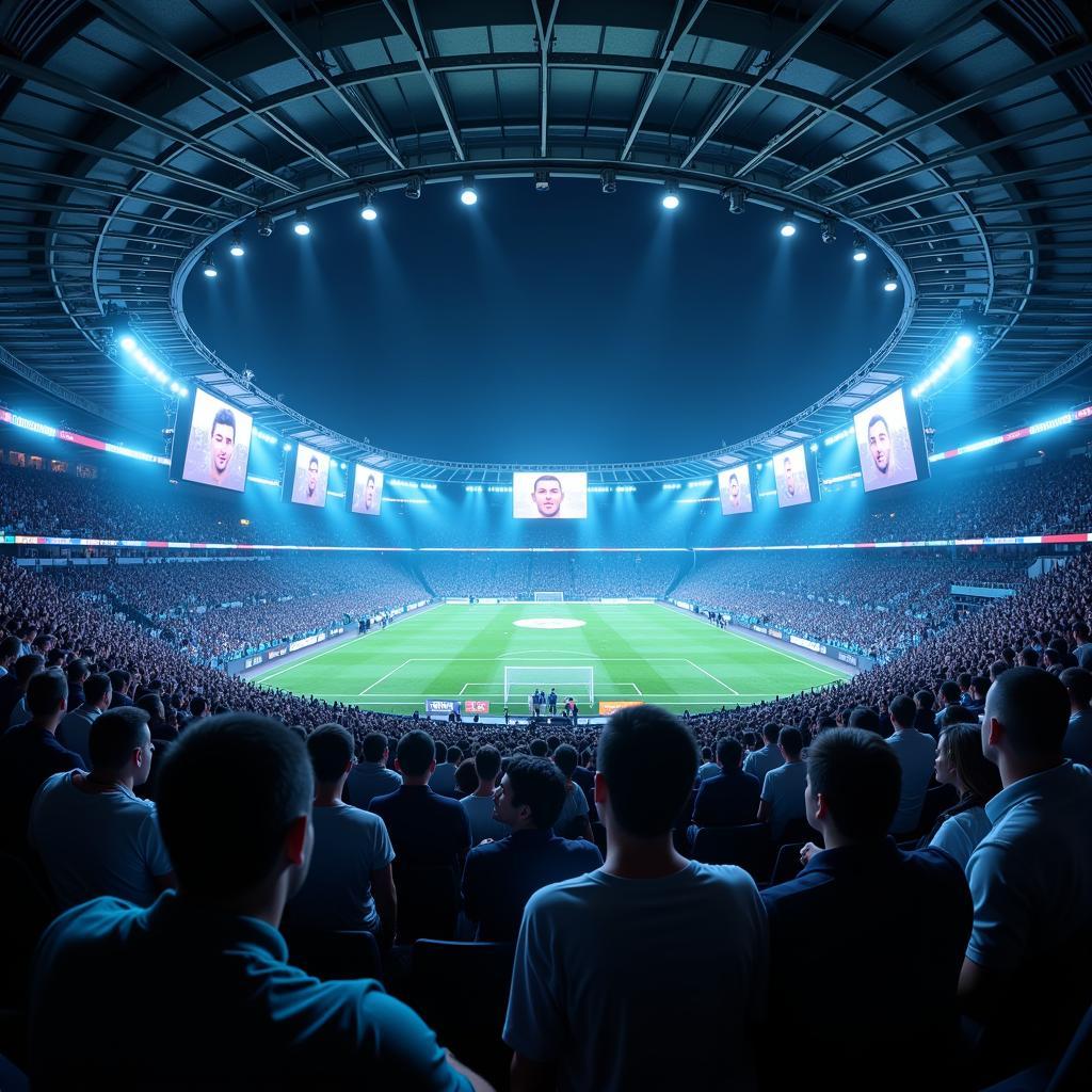 A futuristic football stadium packed with mega heads