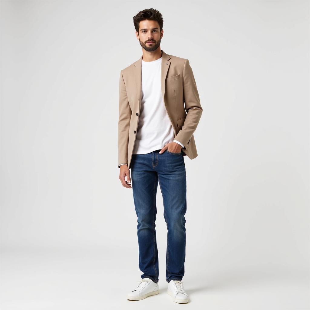 Man in a Beige Blazer, Blue Jeans, and White Sneakers